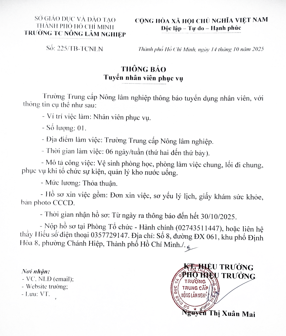 Thông báo tuyển dụng nhân viên phục vụ